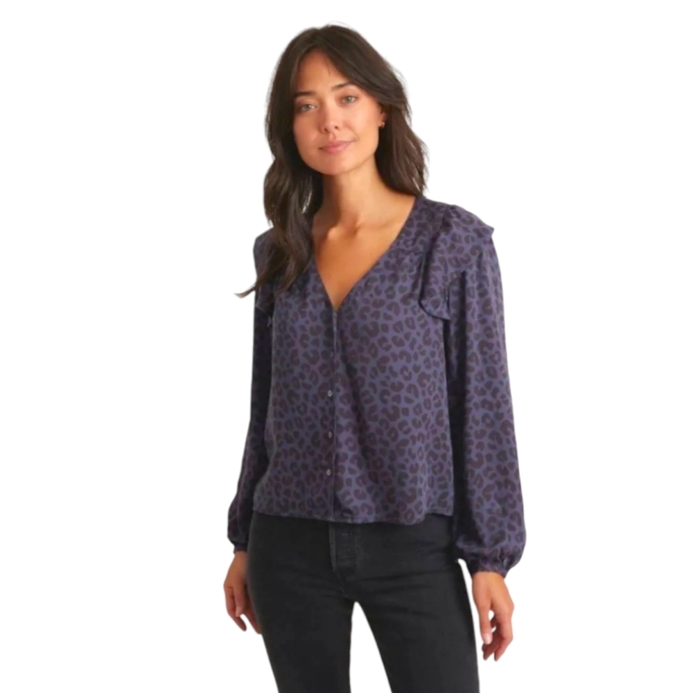 Marine Layer Silky Button Front Ruffled Rory Blou… - image 1